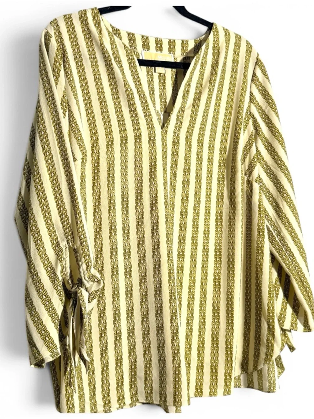 Michael Kors Chain Print Blouse 1X Gold Cream Tie Sleeve V Neck Top - Picture 4 of 9